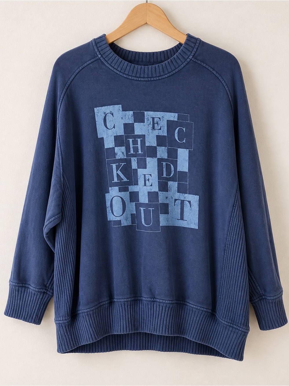 AERIE Down To Earth Crewneck Sweatshirt XL "Checked Out" Graphic Print Lounge